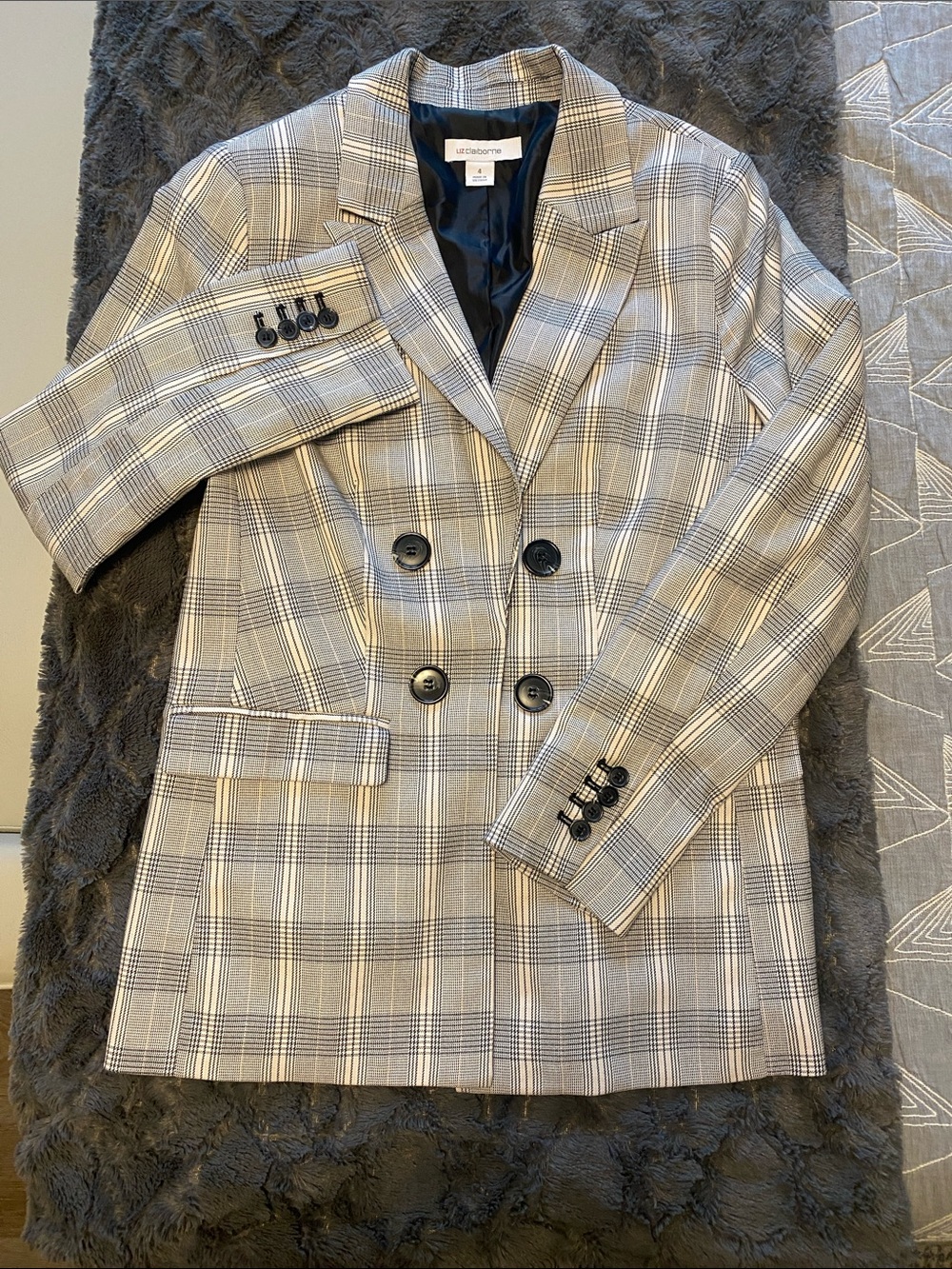Liz Claiborne Gray and Beige Plaid Double-Breasted Blazer
